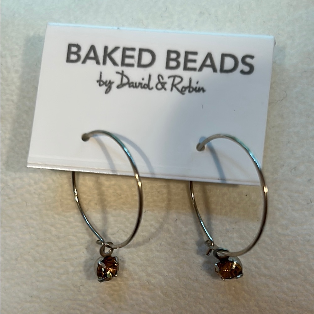 Baked Beads by David & Robin Austrian Crystal Wire Hoop Earrings - Topaz Stone